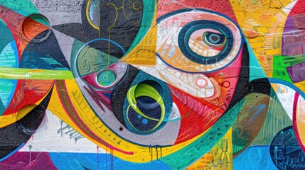 Aufkleber - Abstract graffiti murals blending diverse cultural motifs and symbols, Celebrating multiculturalism and artistic expression in urban settings, photography style