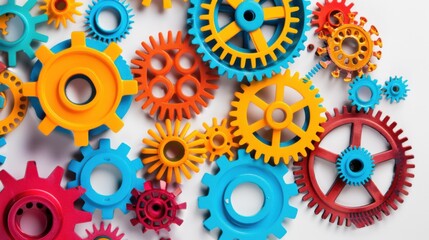 Poster - An abstract composition of interconnected gears in various colors against a seamless white backdrop, Symbolizing diversity in teamwork, photography style