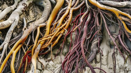 Poster - An abstract composition of interconnected roots in vibrant hues against a neutral background, Illustrating interconnectedness and diversity, photography style