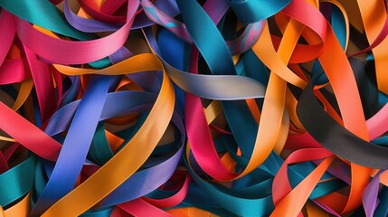 Poster - An abstract pattern of intertwined ribbons in vibrant colors against a neutral backdrop, Illustrating the interwoven fabric of diversity, photography style