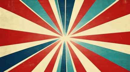 Poster - A colorful abstract composition showcasing a retro sunburst design in red, white, and blue. The rays are elongated and taper off toward the edges,