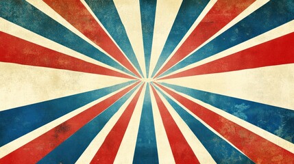 Poster - A colorful abstract composition showcasing a retro sunburst design in red, white, and blue. The rays are elongated and taper off toward the edges,