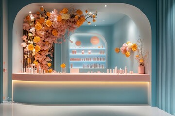 Wall Mural - A store with a pink and blue color scheme and a floral display