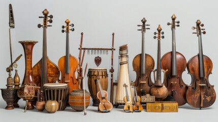 Poster - An evocative portrayal of different musical instruments from around the world forming a harmonious orchestra, Symbolizing the beauty and strength of diverse cultural contributions to art