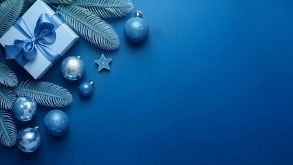 christmas card. frame of fir branches with blue balls and festive