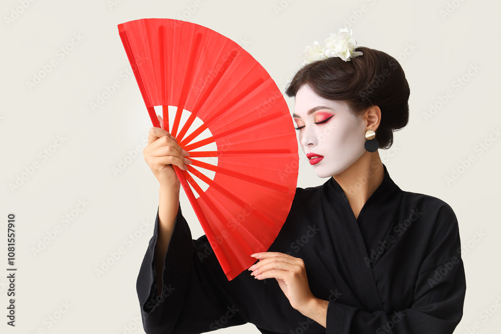 Beautiful young geisha with fan on white background