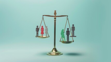 Poster - An impactful image of social justice, featuring a large, balanced scale with diverse symbols of equality and fairness on each side
