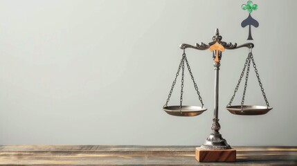 Poster - An impactful image of social justice, featuring a large, balanced scale with diverse symbols of equality and fairness on each side