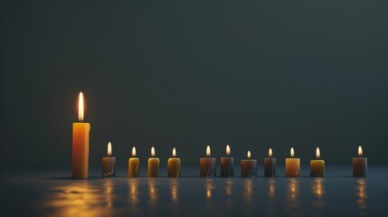 Poster - An impactful portrayal of a single candle lighting up a row of unlit candles of different sizes and shapes, Representing the spread of enlightenment and inclusivity, minimalist style