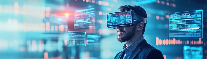 Poster - Corporate leader in futuristic workspace, floating virtual screens, detailed finance visuals