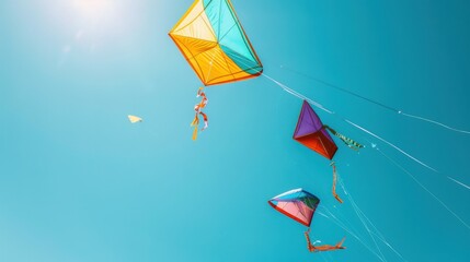 Aufkleber - An inspiring image of a diverse range of vibrant kites flying against a clear blue sky, Representing the joy and freedom found in embracing diverse perspectives and identities, minimalist style