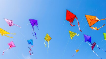 Aufkleber - An inspiring image of a diverse range of vibrant kites flying against a clear blue sky, Representing the joy and freedom found in embracing diverse perspectives and identities, minimalist style