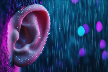 Leinwandbilder - Ear in a tranquil rain scene soft raindrops visible gentle light mist dark ambient colors closeup