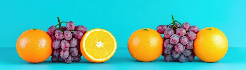 Aufkleber - Grapes vs oranges in a battle flat design front view fruit salad theme cartoon drawing Triadic Color Scheme
