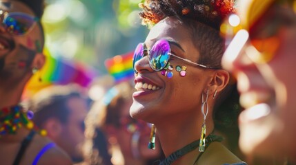 Aufkleber - LGBTQ+ acceptance depicted through a series of candid moments at a pride parade where people of all orientations celebrate diversity and love, Reflecting solidarity in the LGBTQ+ community
