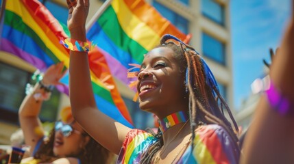 Aufkleber - LGBTQ+ acceptance depicted through a series of candid moments at a pride parade where people of all orientations celebrate diversity and love, Reflecting solidarity in the LGBTQ+ community