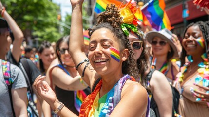 Aufkleber - LGBTQ+ acceptance depicted through a series of candid moments at a pride parade where people of all orientations celebrate diversity and love, Reflecting solidarity in the LGBTQ+ community