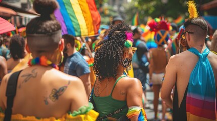 Poster - LGBTQ+ acceptance depicted through a series of moments at a pride parade where people of all orientations celebrate love and equality, Reflecting solidarity in diversity, photography style