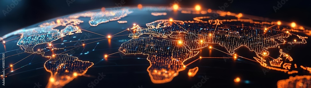 Digital world map with glowing nodes and interconnected lines ...