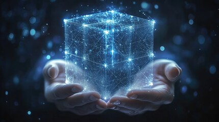 A pair of hands cupped together, holding a glowing blue digital cube.
