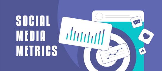 Fototapete - Social Media Metrics, Digital Marketing Analytics. Social media icons and graphs, representing KPIs and performance tracking. Flat vector banner illustration, header design social media blog posts