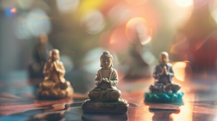 Poster - Miniature figurines portraying diverse religious beliefs against a softly blurred spiritual retreat, Reflecting inclusivity in spiritual journeys, photography style