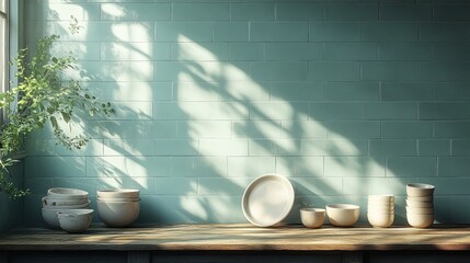 Wall Mural - Rustic kitchen counter with white bowls, plates, and wooden surface with a light blue tiled wall with natural light.