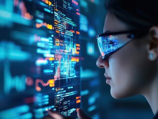 Aufkleber - Professional analyzing holographic stock trends, layered data screens, futuristic office lighting