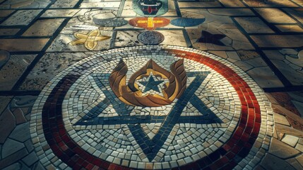 Poster - Religious tolerance symbolized by a mosaic of diverse religious symbols on a courtyard floor, Reflecting unity amidst spiritual diversity, photography style