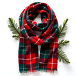 © Wuttichai - Cozy red and green plaid scarf styled with evergreen foliage, photography of still life concept.