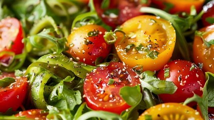 Wall Mural - Colorful salad with cherry tomatoes, arugula, chives, salt, and pepper perfect for a healthy meal anytime. Fresh, nutritious, and satisfying