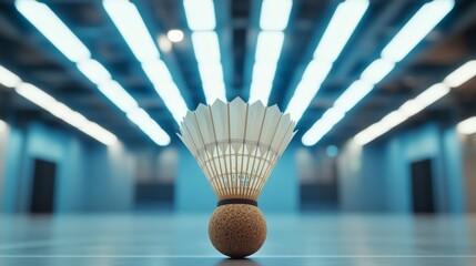 Poster - A badminton shuttlecock with focus on the cork base, indoor setting with fluorescent lighting, Futuristic style