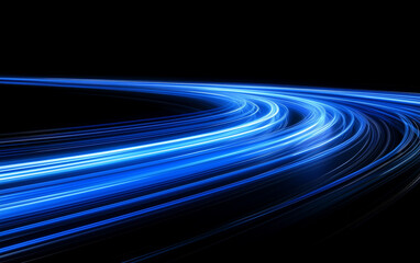 Wall Mural - 
High-speed blue laser line on a black background, with light trails and speed lines that create a dynamic, motion-filled effect.
