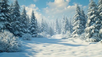 Poster - A serene winter forest scene with snow-covered pine trees and a path leading into the woods.