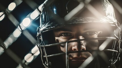 Poster - A baseball batter's focused eyes behind the helmet cage, outdoor setting with stadium lights, Dramatic style