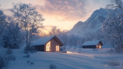 Poster - Two cozy cabins nestled in a snowy mountain valley at dusk, with the warm glow of lights inside.