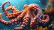 © tanongsak - Giant octopus with its tentacles curling and reaching out, floating in the depths of the ocean, surrounded by bubbles.