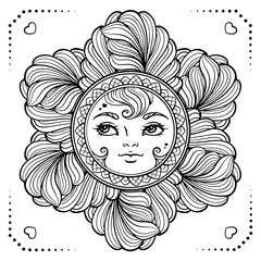 Detailed Black and white ornamental sun character coloring page. Intricate ethnic style vector illustration.