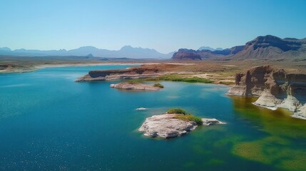 Poster - A scenic view of a lake surrounded by rugged mountains and cliffs with a small island in the middle.