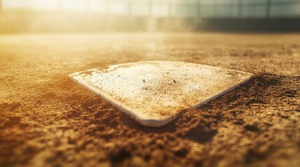 Aufkleber - A baseball field's home plate with the dirt and plate details, outdoor setting with early morning mist, Earthy style