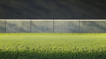 Fototapete - A baseball field's outfield wall with grass and wall padding details, outdoor setting with late afternoon sun, Earthy style