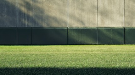 Fototapete - A baseball field's outfield wall with grass and wall padding details, outdoor setting with late afternoon sun, Earthy style