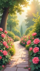 Poster - A path lined with pink flowers leads to a garden