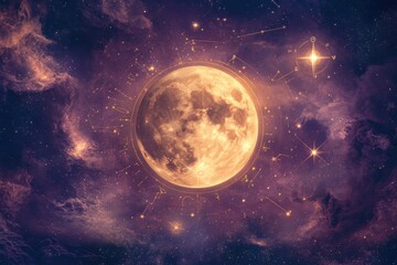 Wall Mural - A large yellow moon is surrounded by stars and clouds in a deep purple sky