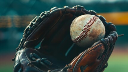 Fototapete - A baseball glove's worn leather with baseball held inside, stadium field with outfield in blur, Nostalgic style
