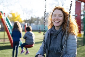 a teacher assistant supervising kids at recess, watching over them with a smile as they play on swin