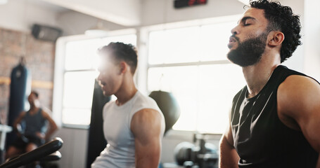 Sticker - Exercise bike, fitness and tired with men in gym together for break from cardio training or workout. Breathing, elliptical machine and sweating with sporty friends in health club for workout together