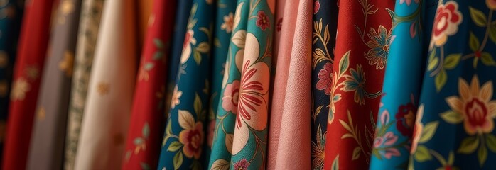 Poster - A row of colorful fabric with floral designs