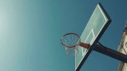 Poster - A basketball backboard and hoop, urban outdoor setting with clear sky, Urban style