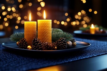 3D illustration of a holiday table set with glowing candles, elegant place settings, and holiday decorations